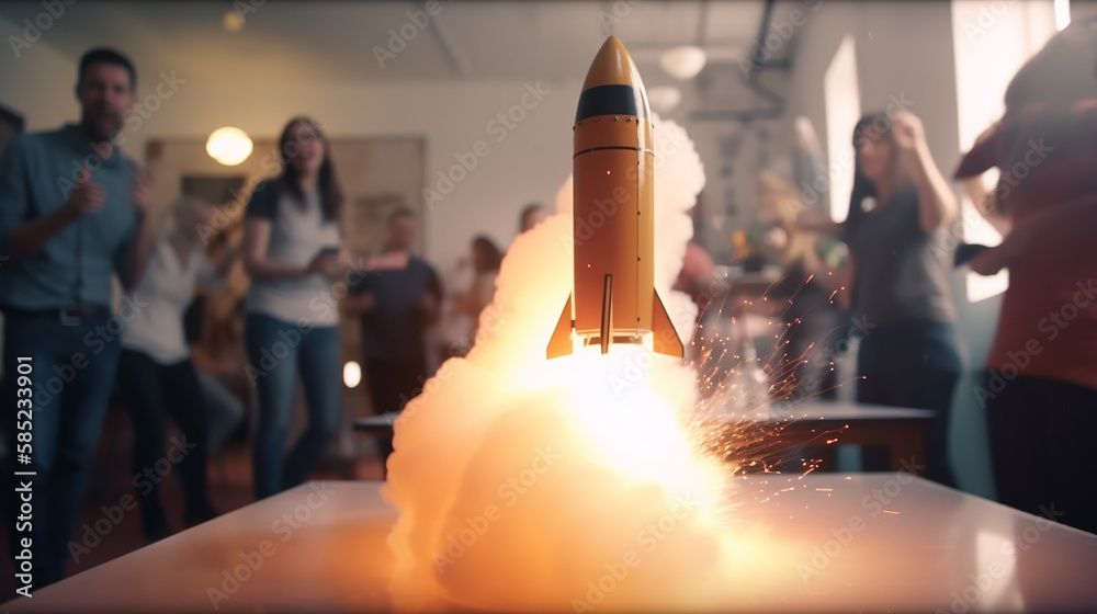 Fusée qui décolle sur fond de bureau flou. Concept de startup, vitesse,  croissance et succès dans les affaires (AI) Stock Illustration