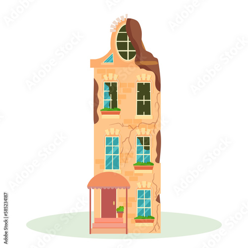 A destroyed building after a fire or an earthquake. Ruined city buildings after the war. Damaged city with old broken dilapidated housing. Vector illustration isolated on white background.