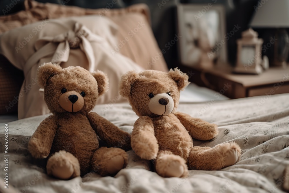 Two teddy bears sit on a bed 