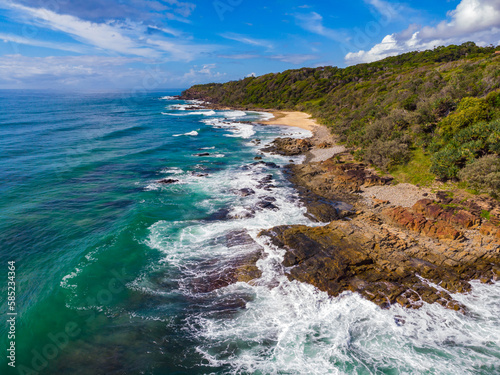 Drone, aerial view of the popular first and second Bay Coolum on the Sunshine Coast. Golden sandy beaches and turquoise water, a tropical paradise near Brisbane, Queensland, Australia