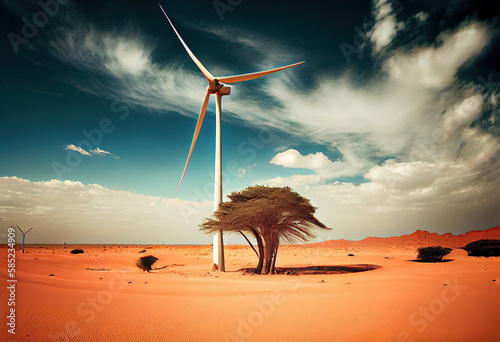 Revolutionary Wind Turbines Harnessing the Power of the Desert Winds. State-of-the-Art Technology Meets Vast and Serene Landscapes. Generative AI