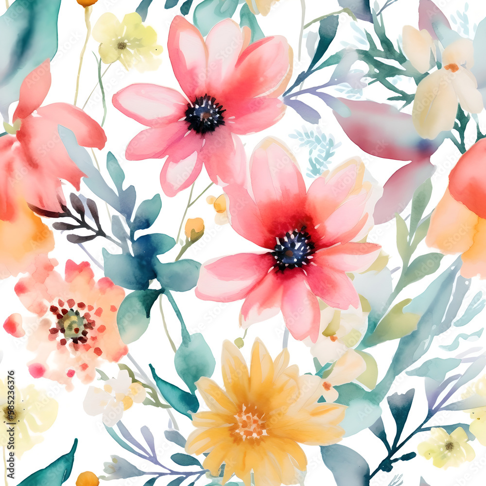 Watercolor Summer Flowers Seamless and Tileable