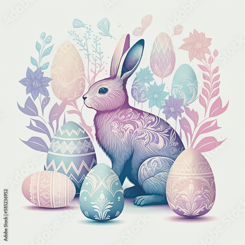 Easter bunny with eggs and flowers. Generative AI