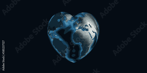 Earth as a heart seen from space, dark blue banner for Earth Day