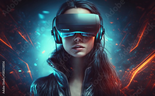 futuristic metaverse game and entertainment digital technology with virtual reality VR goggle playing AR augmented reality game and entertainment, © printartist