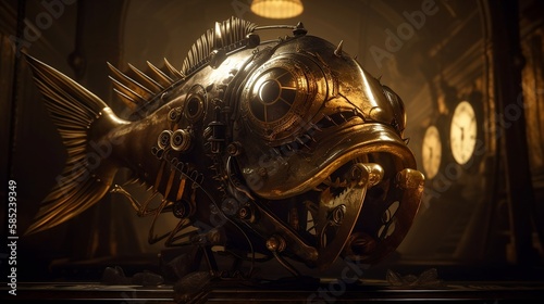 Steampunk artistic golden piranha made with Generative AI