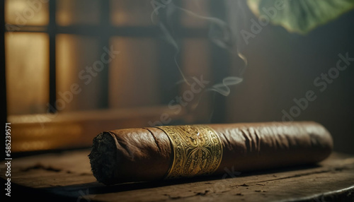 Cuban cigar with smoke close up view 01 Generative AI