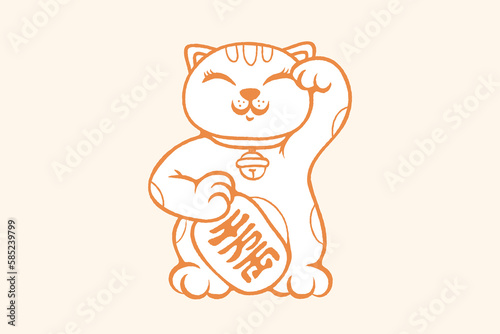 Vector retro poster with lucky cat. Neko on beige backround. Vector kawaii lucky cat in Asian style.