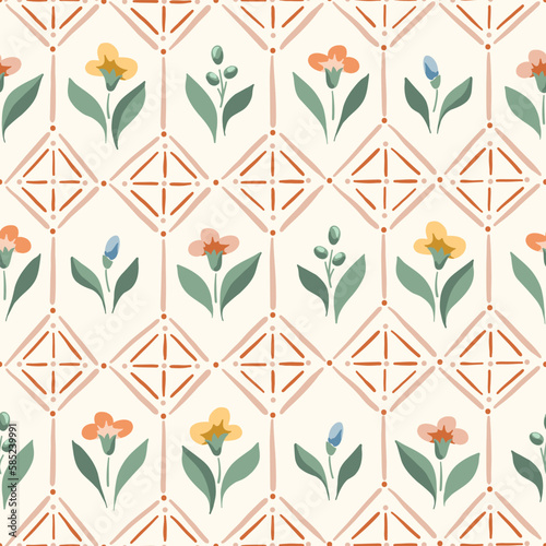 Delicate Chintz Romantic Meadow Wildflowers and Geometric Tiles Vector Seamless Pattern. Cottagecore Garden Flowers and Foliage Print. Homestead Bouquet. Farmhouse Background. Flowers in Greenhouse