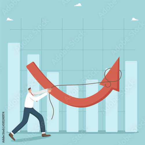 Increasing the economic level, business recovery after the crisis, financial growth, increasing the value of investments, a strategy to improve the condition, a man raises an arrow up with a rope.