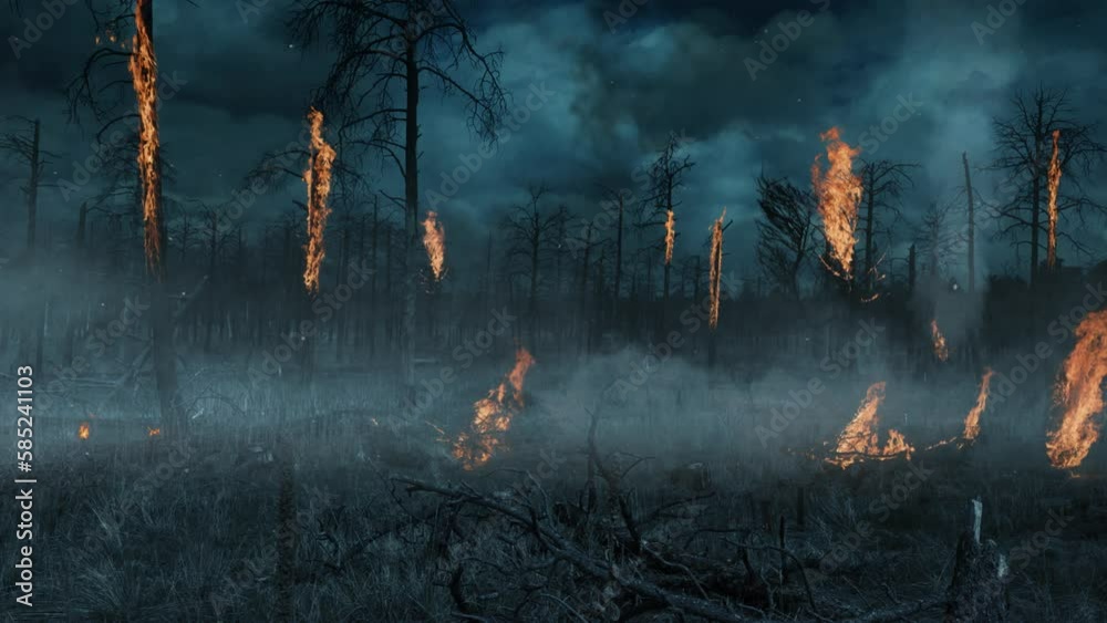 Burning Trees with Storm Clouded Sky 4K features a burnt area of a pine forest with some of the trees still on fire with a stormy lightning filled sky in the background.