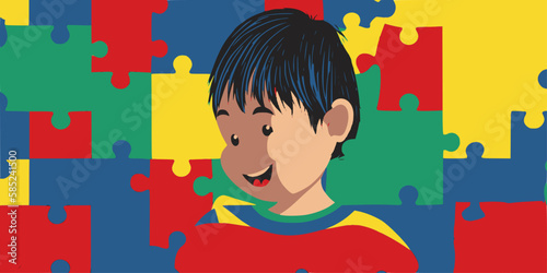Autistic asian boy child with puzzles. Public awareness for autism spectrum disorder. Caring, Speak out, Campaign, Togetherness. Puzzle pieces on background. 