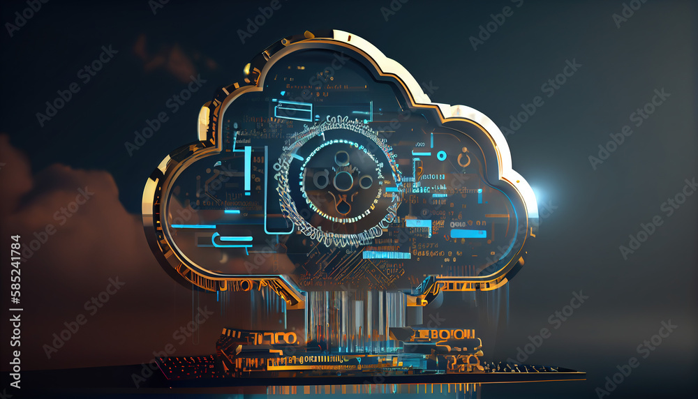 Digital informational technology web futuristic hologram with cloud icon, blue golden light digits and code background, cloud computing. Abstract Motion of digital data flow. - Generative AI