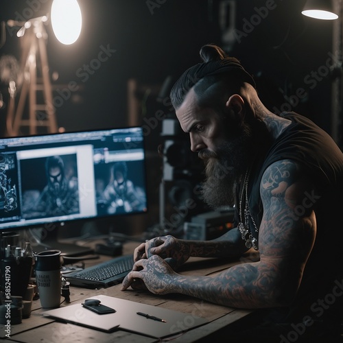 tattooed man multitasking at a desk