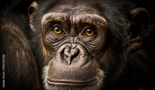 Hairy primate staring with selective focus generated by AI