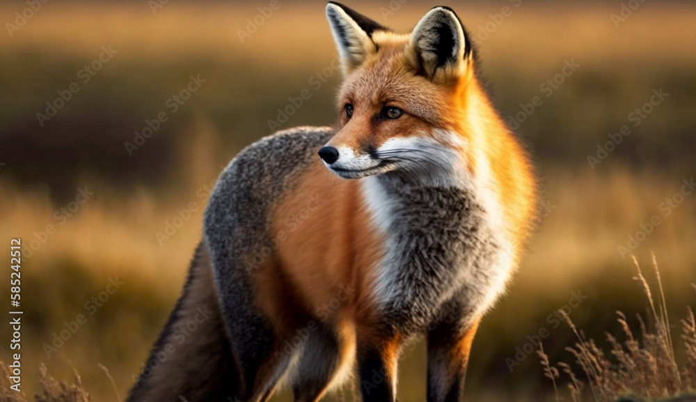 Fototapeta premium Cute red fox focuses on grassy foreground generated by AI