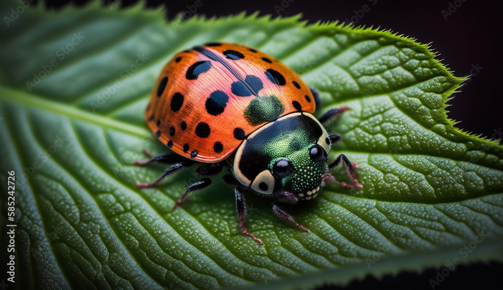Fototapeta premium Spotted ladybug crawls on green leaf outdoors generated by AI