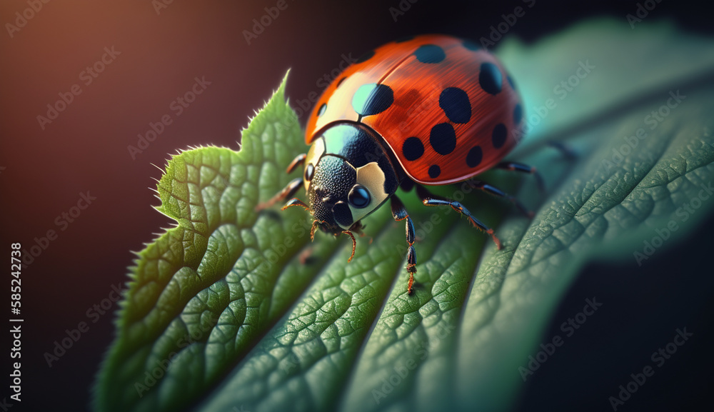 Fototapeta premium Spotted ladybug crawls on bright blue flower generated by AI