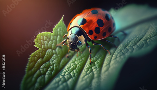 Spotted ladybug crawls on bright blue flower generated by AI