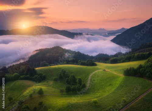 Aerial view of alpine meadows and mountains in low purple clouds at sunrise in summer. Top drone view of hills with green grass and trees in fog  colorful sky in Slovenia. Nature. Mountain valley