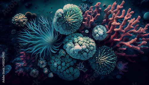 Fototapeta Naklejka Na Ścianę i Meble -  Tropical seashore underwater landscape. Coral reef top view. Coral reef underwater photo.