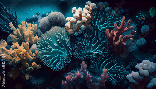 Fototapeta Naklejka Na Ścianę i Meble -  Tropical seashore underwater landscape. Coral reef top view. Coral reef underwater photo.