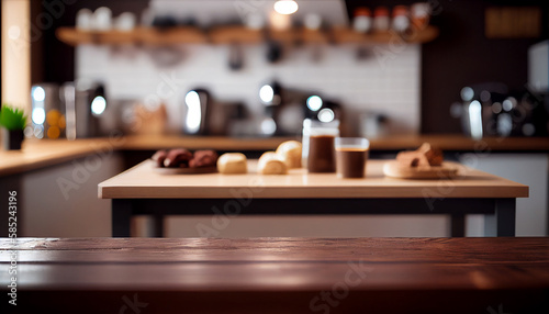 Wood table top on blur kitchen room background .For montage product display or design key visual layout. © ArtStage
