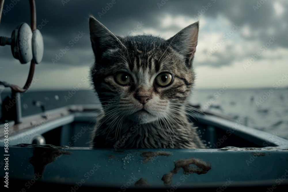 Vertical shot of a cat using a boat, refugee cat on a boat coming to western countries  Generative AI