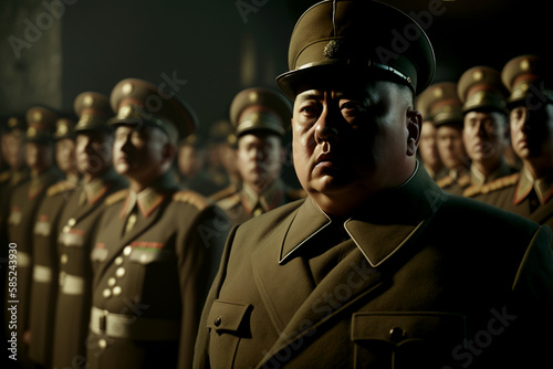 Vertical shot of dictator with his soldiers, Asian general with his officers Generative AI photo