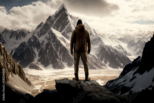 Vertical shot of strong man against the big mountains, standing alone at difficult choices Generative AI