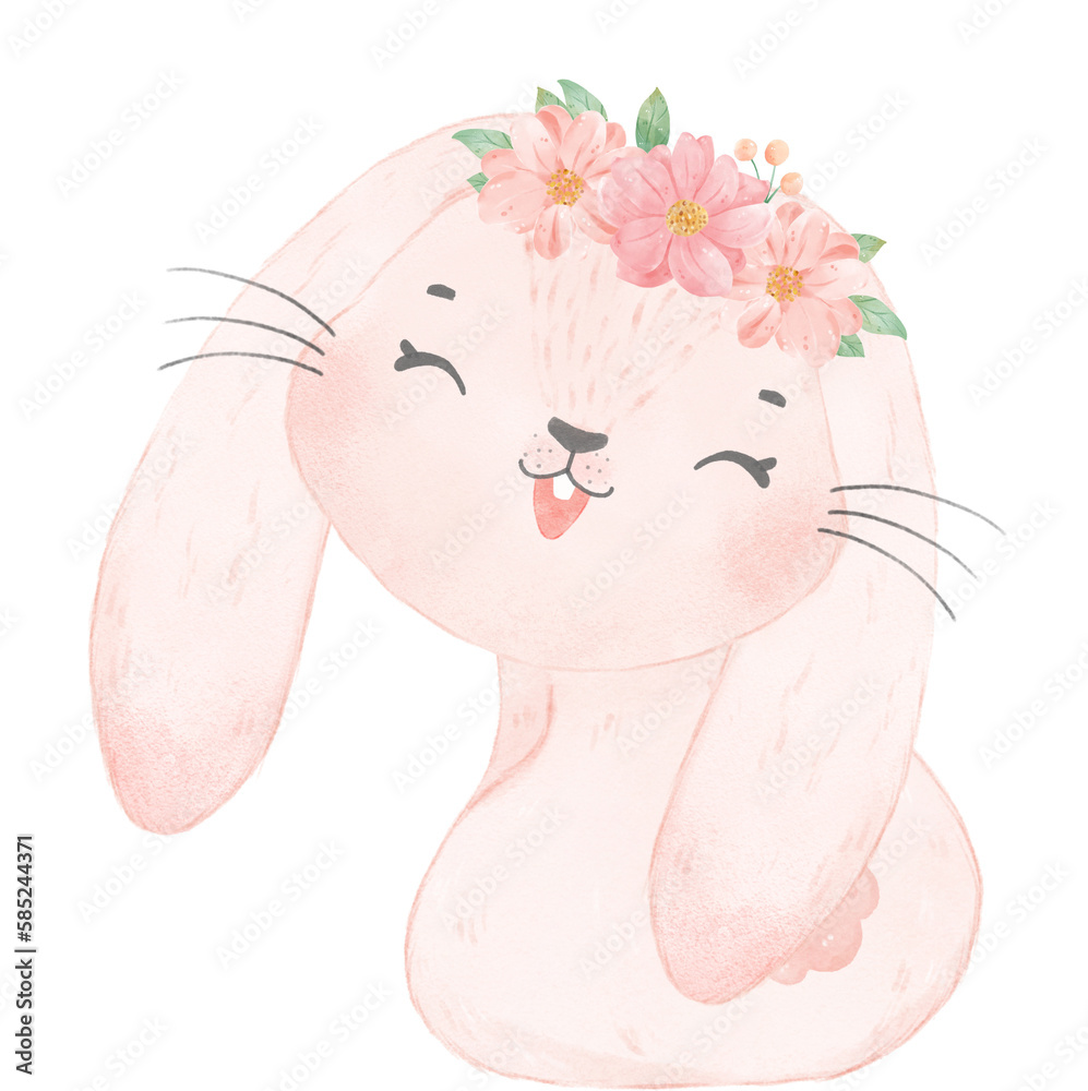 Adorable happy whimsical baby pink bunny rabbit with floral crown watercolour illustration Adorable happy whimsical baby pink bunny rabbit with floral crown watercolour illustration