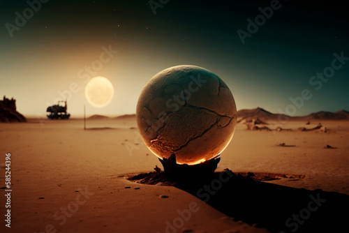 Vertical shot of mystical magical sphere at desert, Ancient portal at earth Generative AI