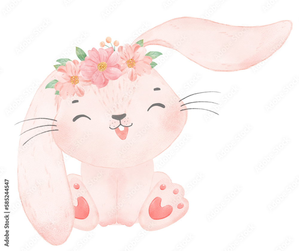 Adorable happy whimsical baby pink bunny rabbit with floral crown watercolour illustration Adorable happy whimsical baby pink bunny rabbit with floral crown watercolour illustration