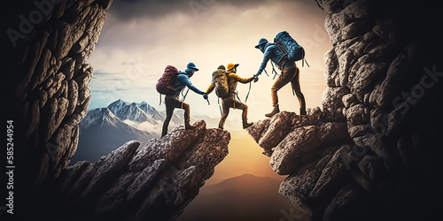 Hiking team people helping each other friend giving a helping hand while climbing up on the mountain rock adventure travel concept of friendship support trust teamwork success. Created with Generative