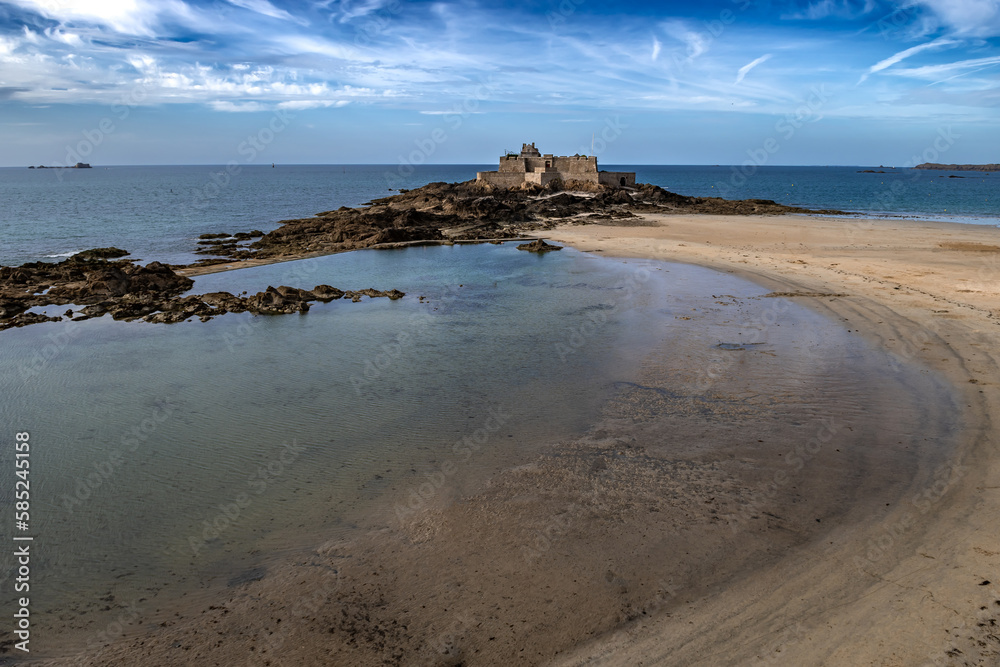 Ancient City Saint-Malo And Fort Petit Be With Sand Beach In Brittany, France