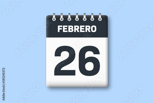 26 de febrero - fecha calendario pagina calendario - vigesimo sexto dia de febrero sobre fondo azul