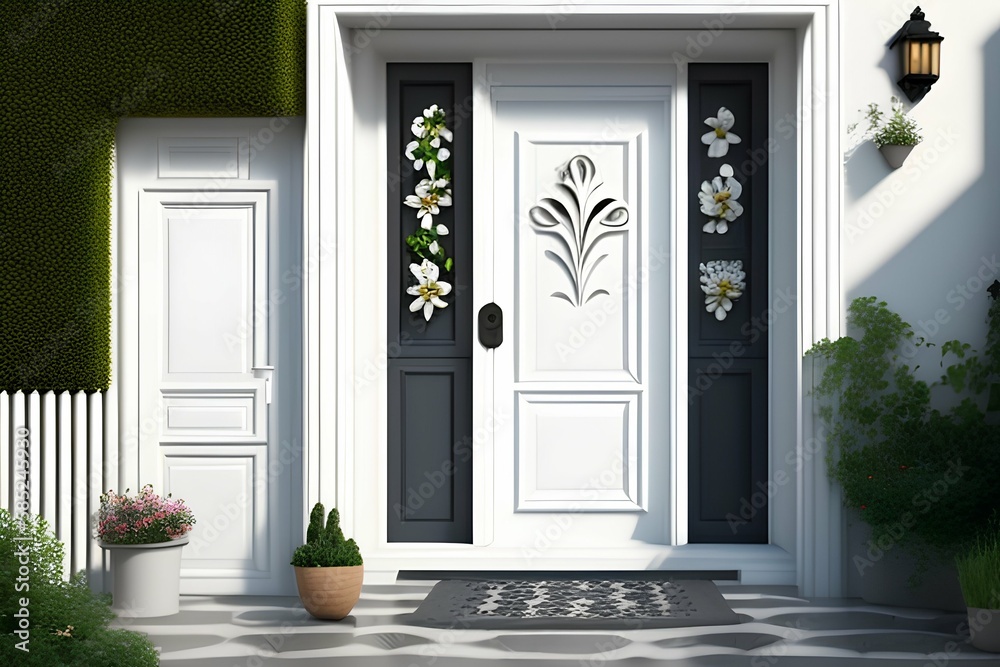White front door with small square decorative windows and flower pots , house - generative ai
 - obrazy, fototapety, plakaty 