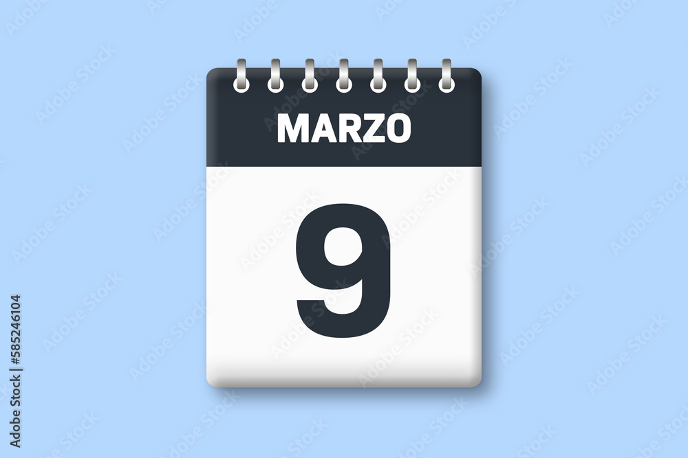 9 de marzo - fecha calendario pagina calendario - noveno dia de marzo sobre fondo azul 9 de marzo - fecha calendario pagina calendario - noveno dia de marzo sobre fondo azul