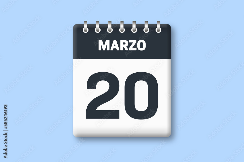 20 de marzo - fecha calendario pagina calendario - vigesimo dia de marzo sobre fondo azul 20 de marzo - fecha calendario pagina calendario - vigesimo dia de marzo sobre fondo azul