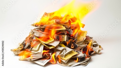 A burning pile of money with white background. Generative AI. photo