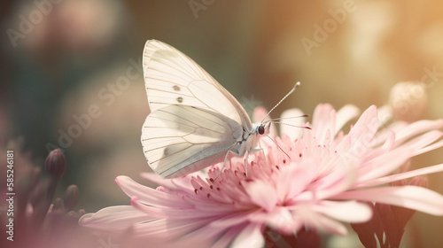 Delicately pink romantic natural floral background with a white butterfly on flower in soft daylight with beautiful bokeh and pastel colors