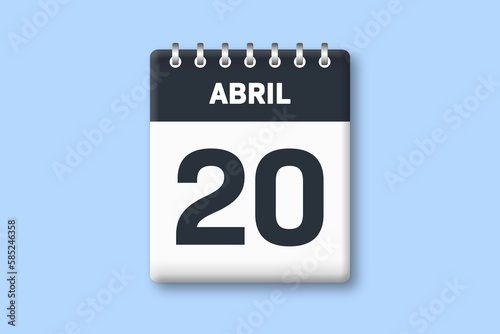 20 de abril - fecha calendario pagina calendario - vigesimo dia de abril sobre fondo azul photo