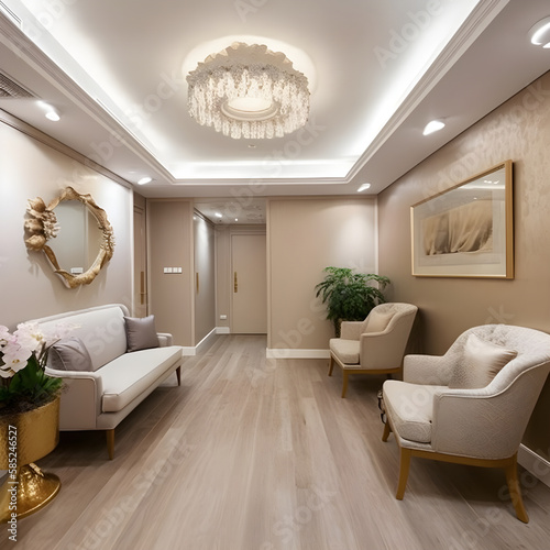 Luxury medical clinic interior. Beige armchairs and bright lighting. Waiting area concept. Generative AI