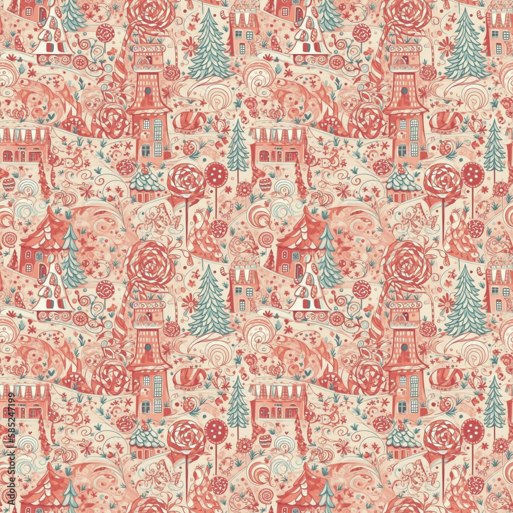 Abstract red seamless pattern with peppermint swirls and gingerbread houses. Generative AI. Abstract red seamless pattern with peppermint swirls and gingerbread houses. Generative AI.