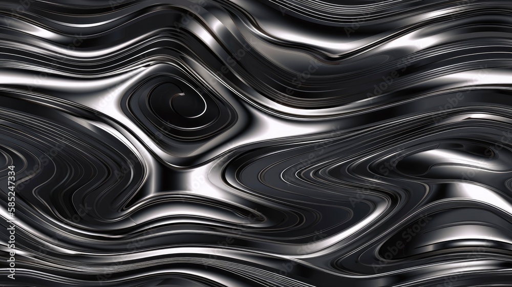 metal liquid wave flow background, abstract silky satin metallic texture chrome black and white wallpaper, 3d rendered smooth transition shiny aluminum seamless, generative ai
