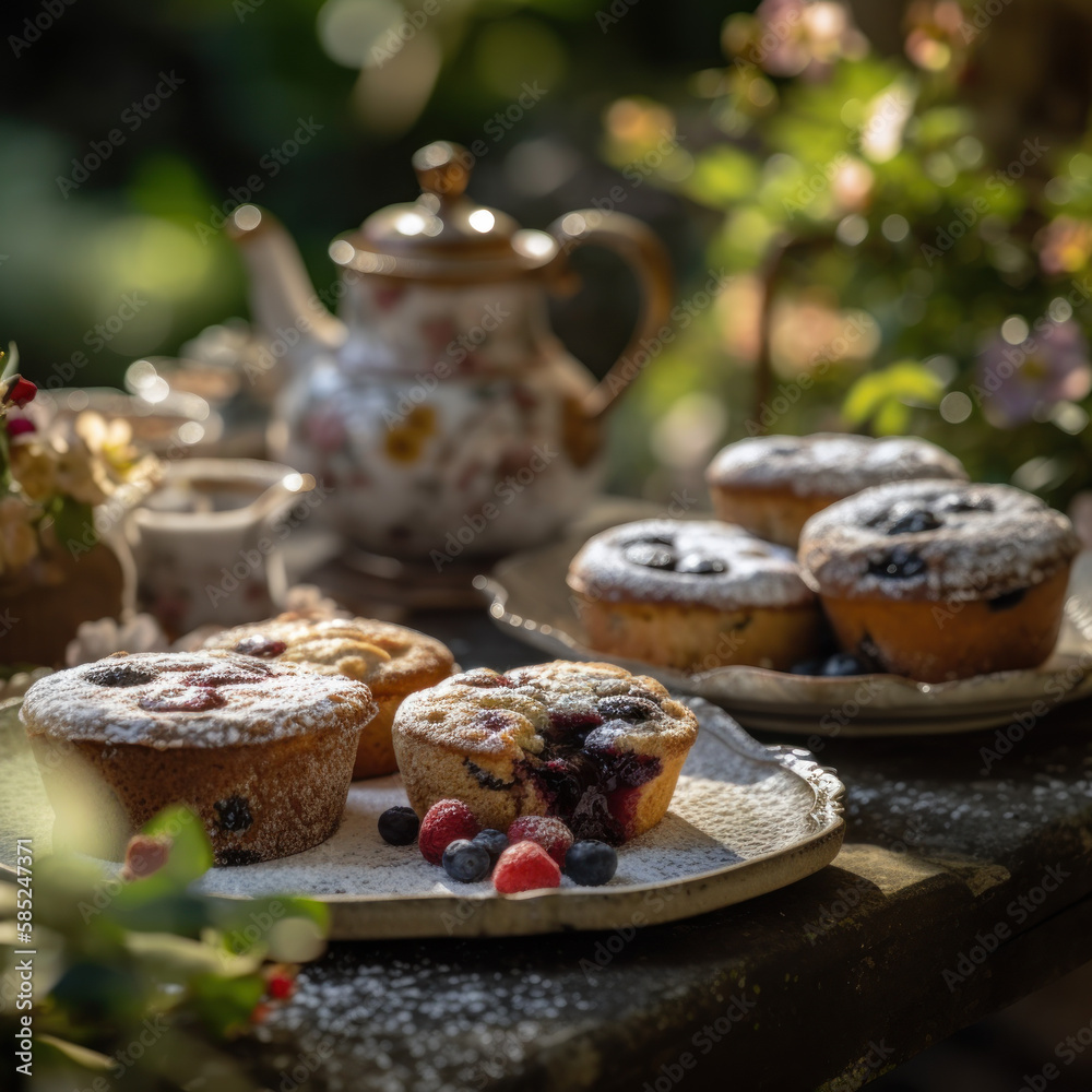 Breakfast Pastries and Cakes on a Table in a Garden-English Food-Generative AI Breakfast Pastries and Cakes on a Table in a Garden-English Food-Generative AI