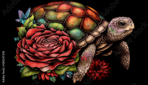 Vertical shot of colorful abstract design of turtle tattoo  Generative AI