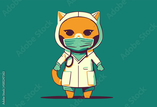 Cat nurse in a medical coat and a mask.