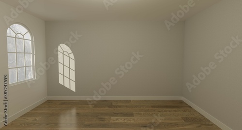 White wall in empty room with window and wooden floor