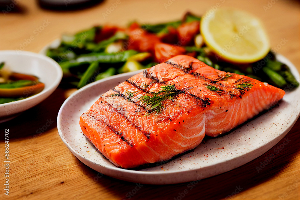 Vertical shot of delicious salmon steak with lemon Generative AI Vertical shot of delicious salmon steak with lemon Generative AI